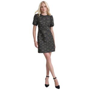 NEW DKNY Womens Petite Puffed-Sleeve Brocade-Texture Mini Dress Black / Gold 6P